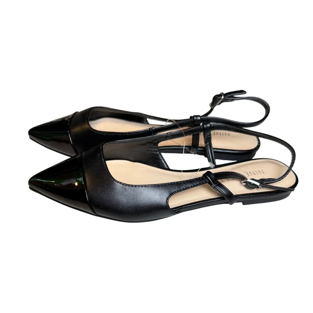 Nine West Women Cap Toe Patent Slingback Flats 7M Black Pointed Toe Classic Chic - Picture 4 of 7